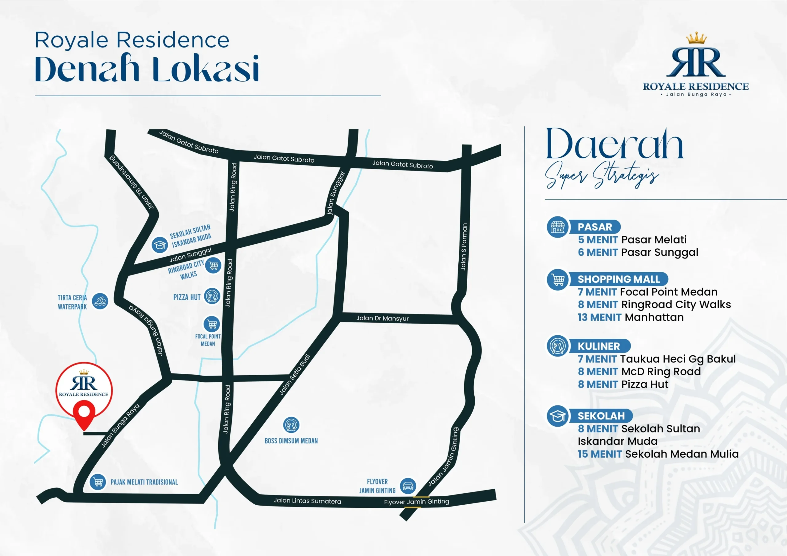 Denah lokasi Royale Residence Medan di Jalan Bunga Raya, dekat Focal Point, Ring Road City Walks, Sekolah Sultan Iskandar Muda, dan Pasar Melati.